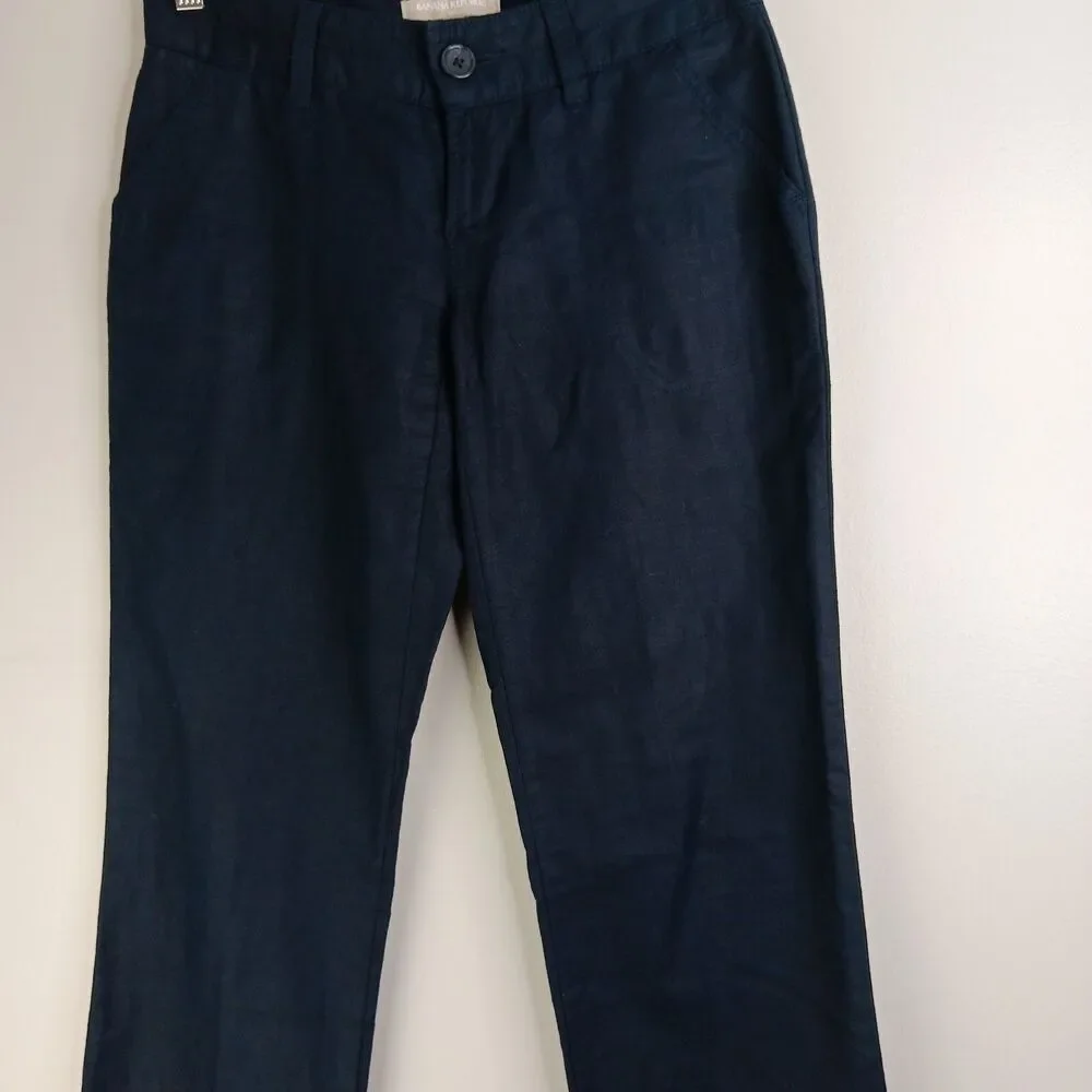 Banana Republic Pants Women's Size 0 Petite Linen Blend Straight Leg Navy Travel